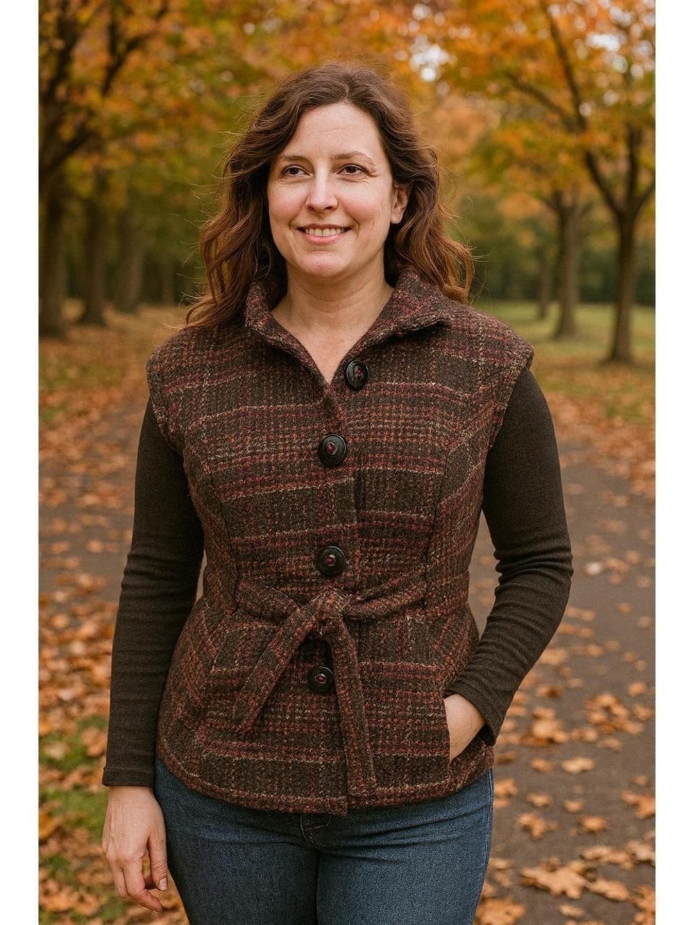 CAbi Brown Plaid Button-Front Vest with Self-Tie
